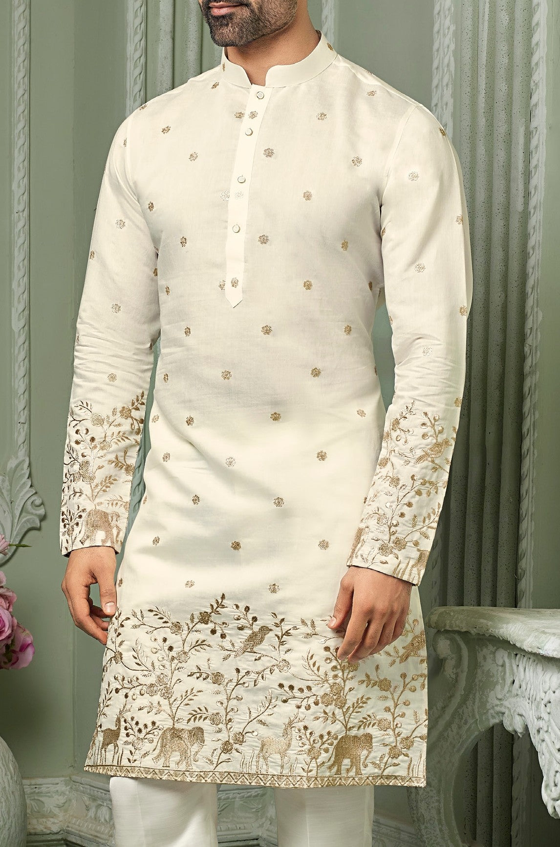 Off white silk kurta set with threaded Daman & embroidery work