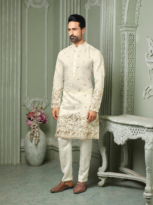 Off white silk kurta set with threaded Daman & embroidery work