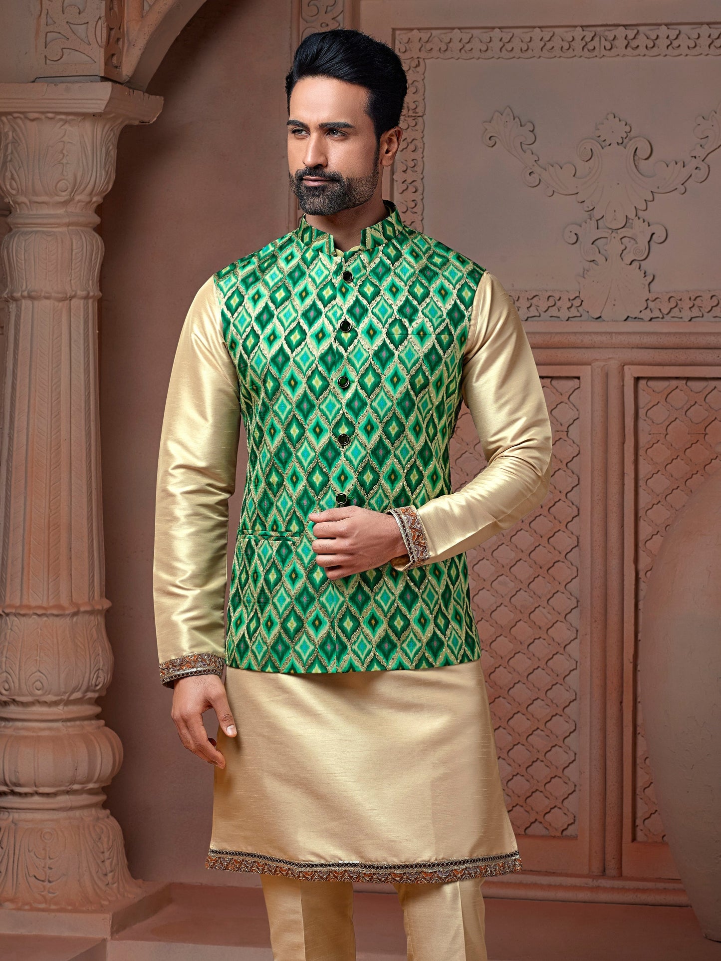 Forest Green Natural soft silk Koti with golden embroidery and Plain Kurta set