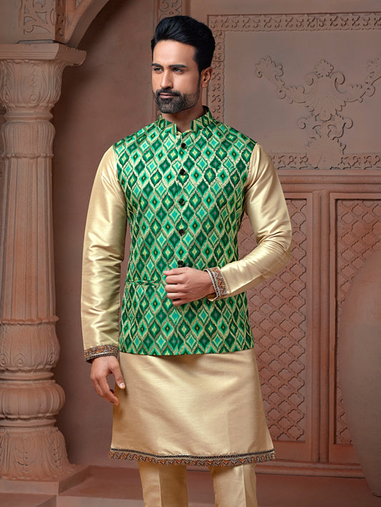 Forest Green Natural soft silk Koti with golden embroidery and Plain Kurta set