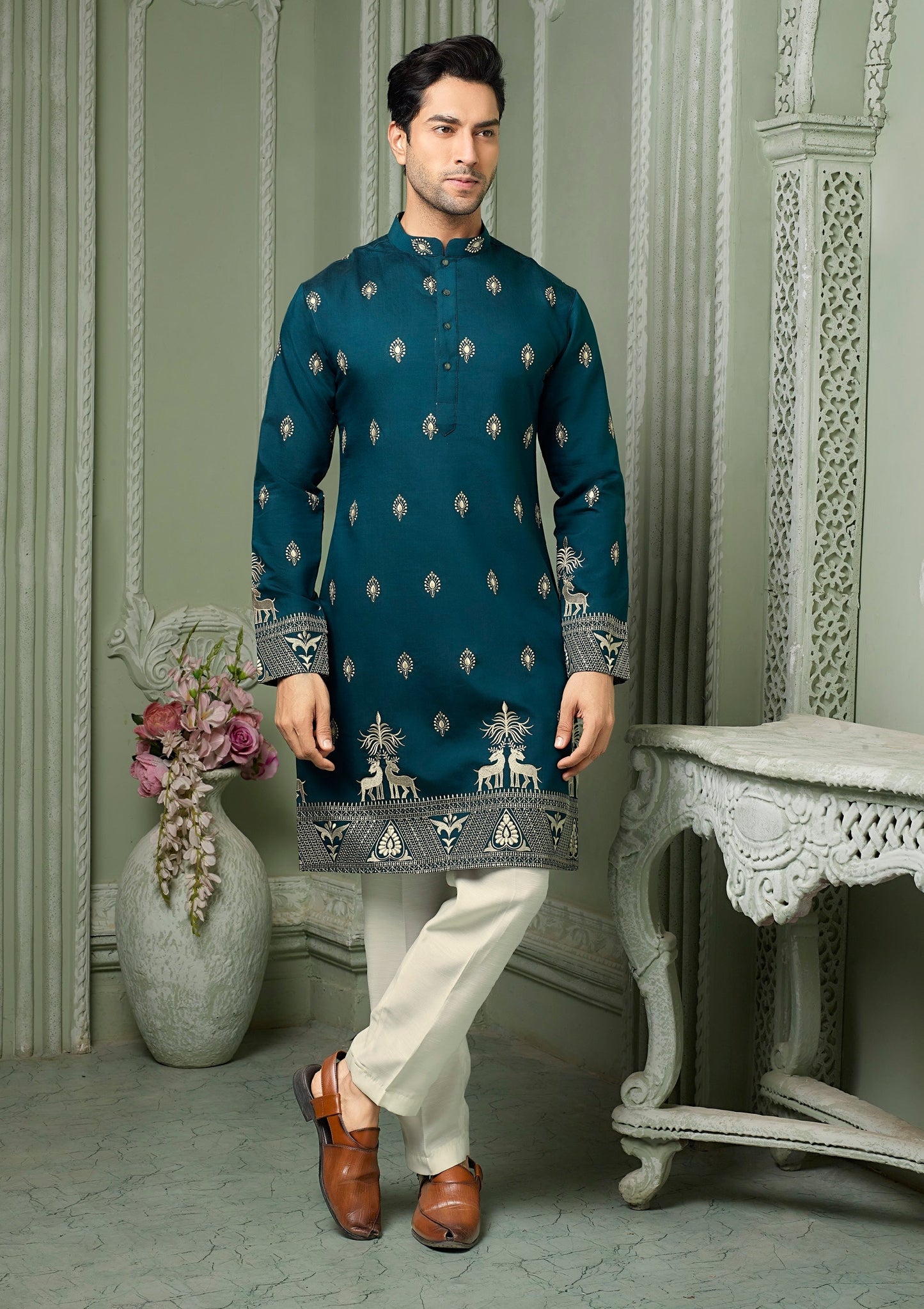 Turkish Blue silk kurta set with threaded embroidery work