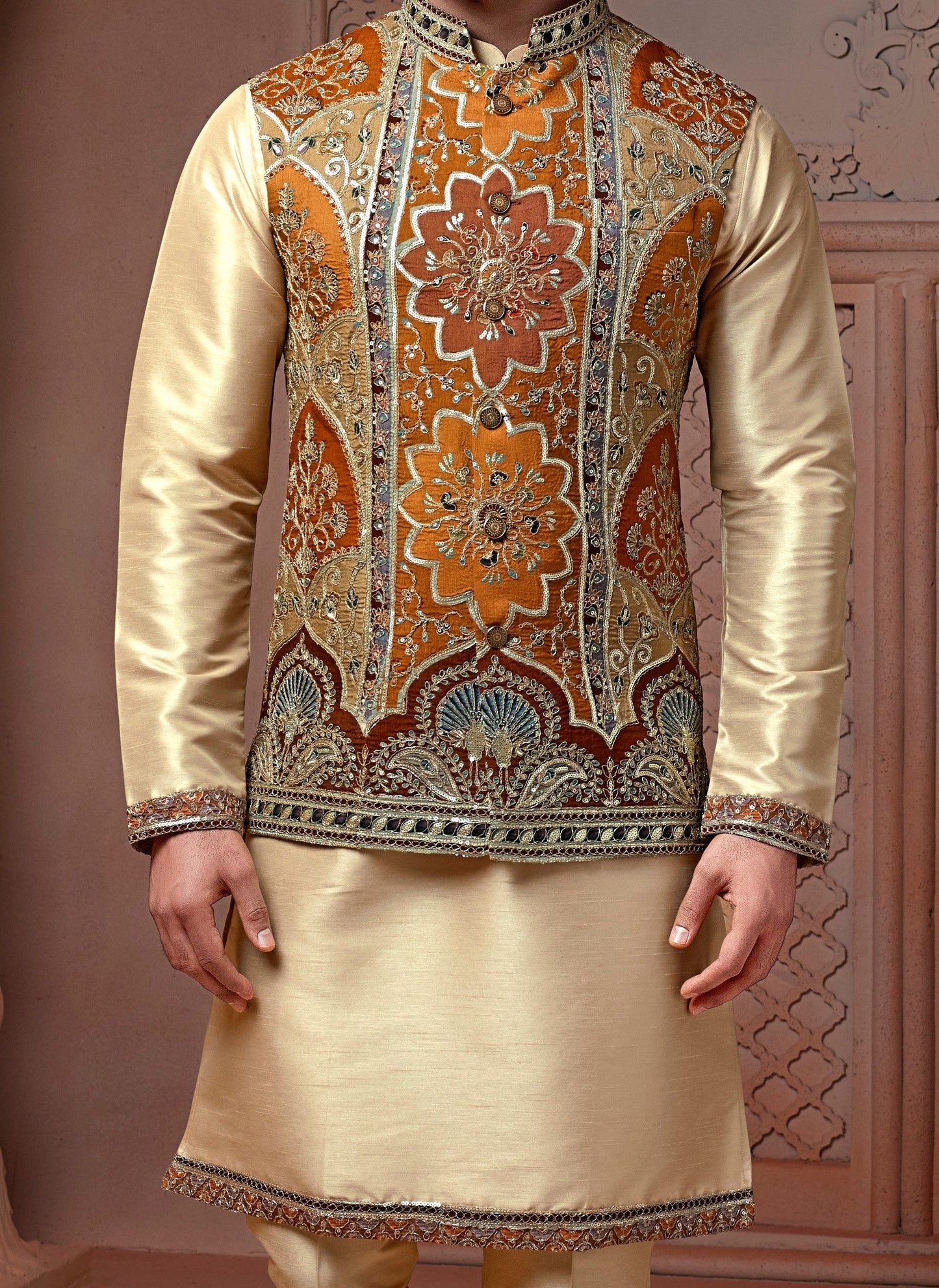 Rust colour Natural soft silk Koti with golden Zari  & corded embroidery and Plain Kurta set