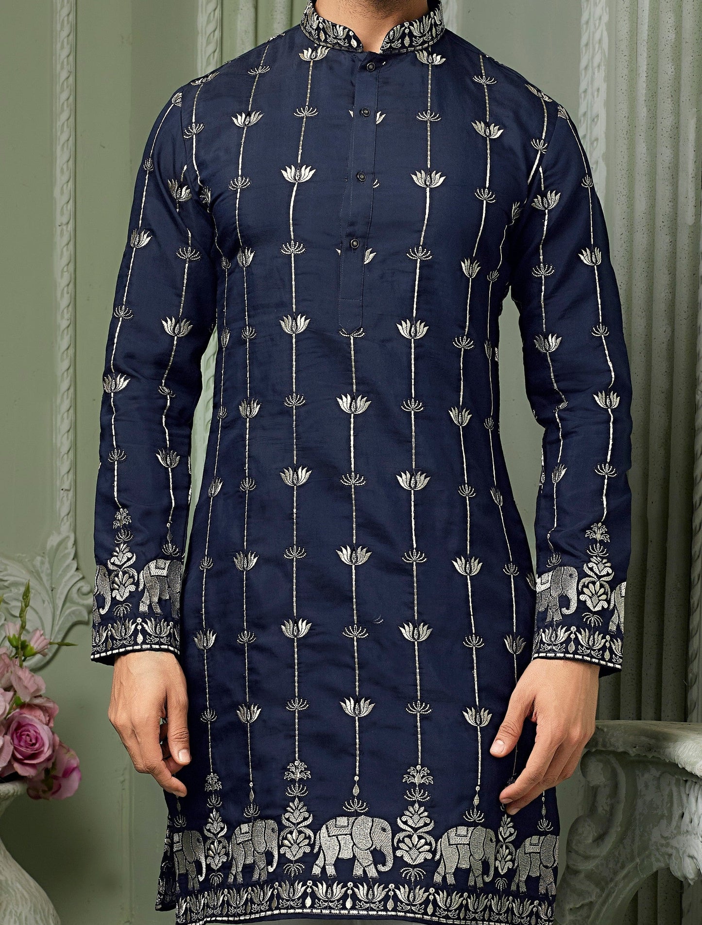 Navy Blue silk Kurta set with threaded embroidery work