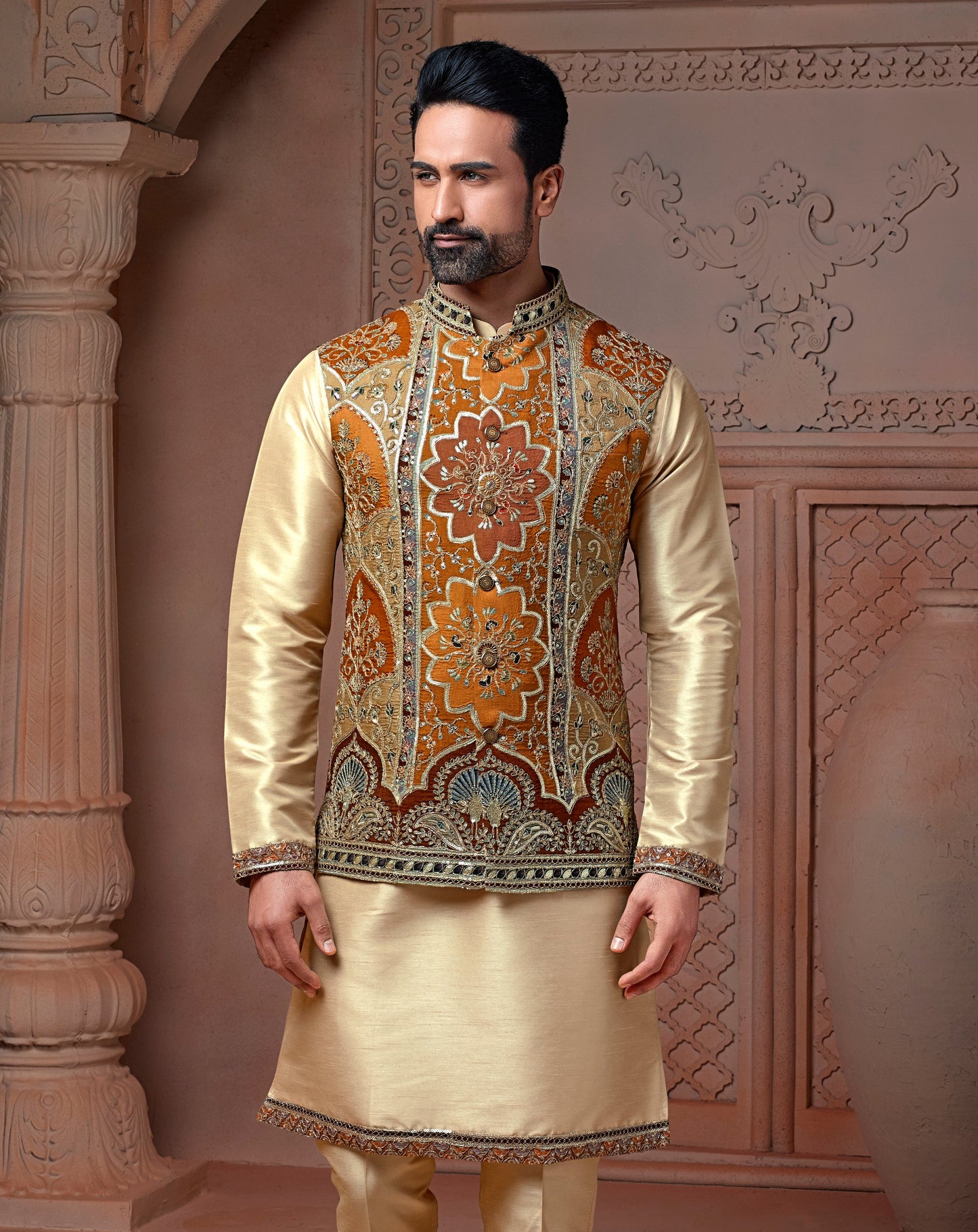 Rust colour Natural soft silk Koti with golden Zari  & corded embroidery and Plain Kurta set