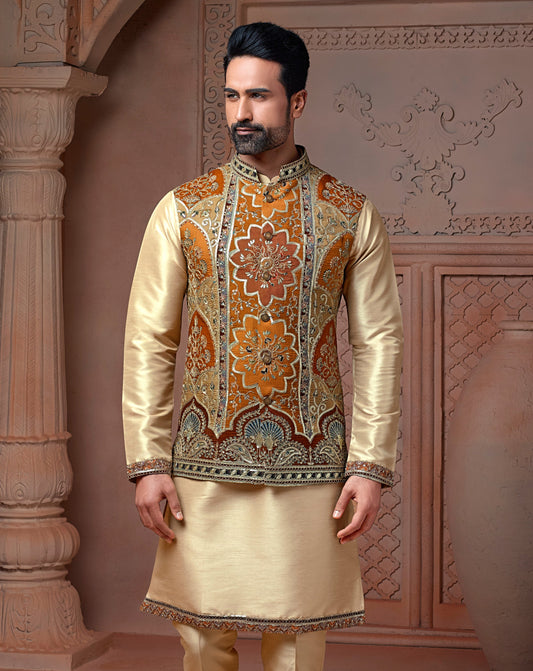 Rust colour Natural soft silk Koti with golden Zari  & corded embroidery and Plain Kurta set