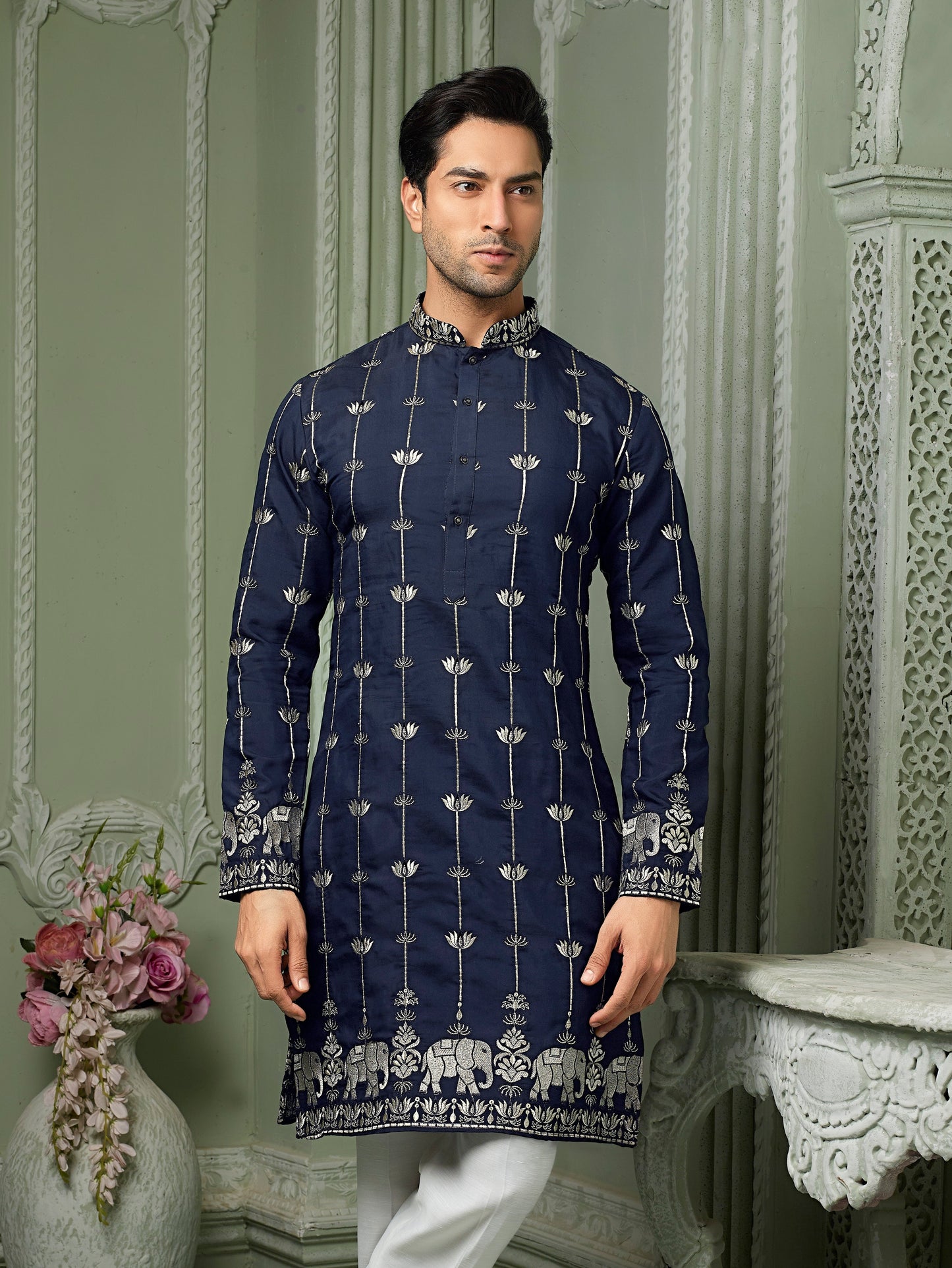 Navy Blue silk Kurta set with threaded embroidery work