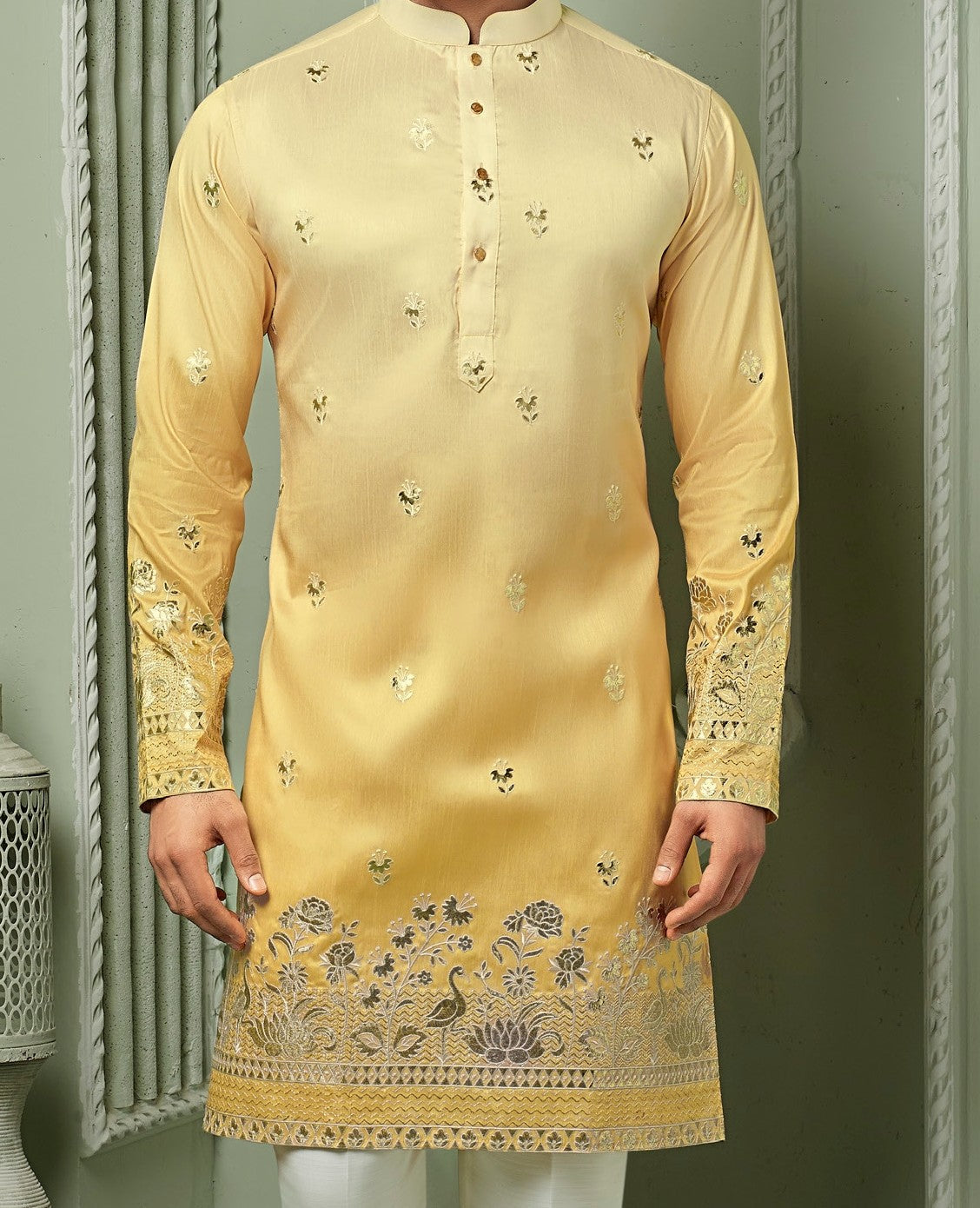 Haldi Yellow silk Kurta set with threaded embroidery work