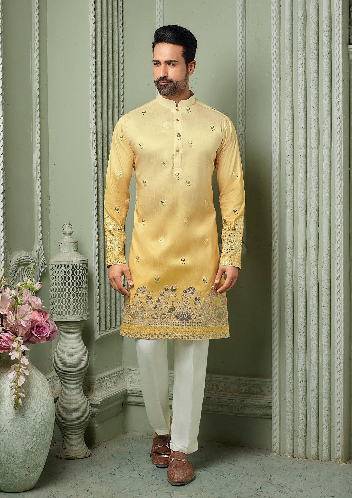 Haldi Yellow silk Kurta set with threaded embroidery work