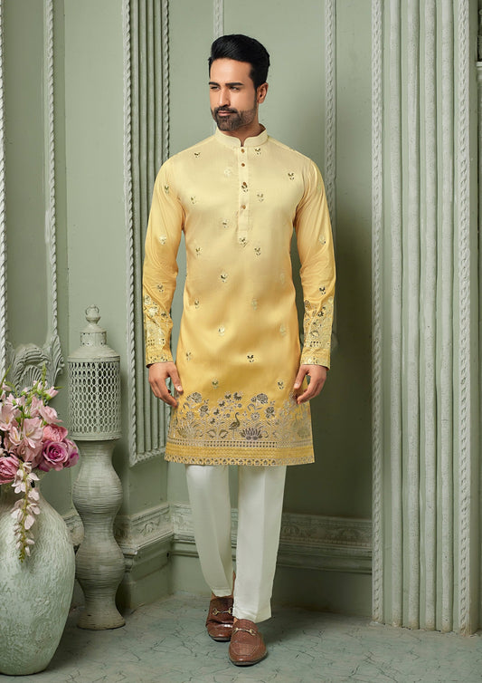 Haldi Yellow silk Kurta set with threaded embroidery work