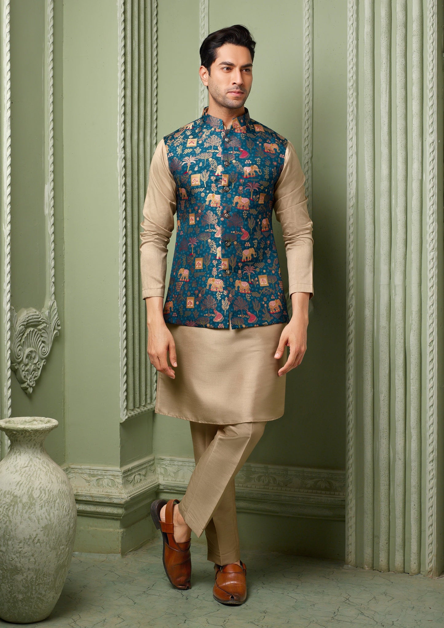 Tuqquoise blue Viscose silk koti with plain kurta set