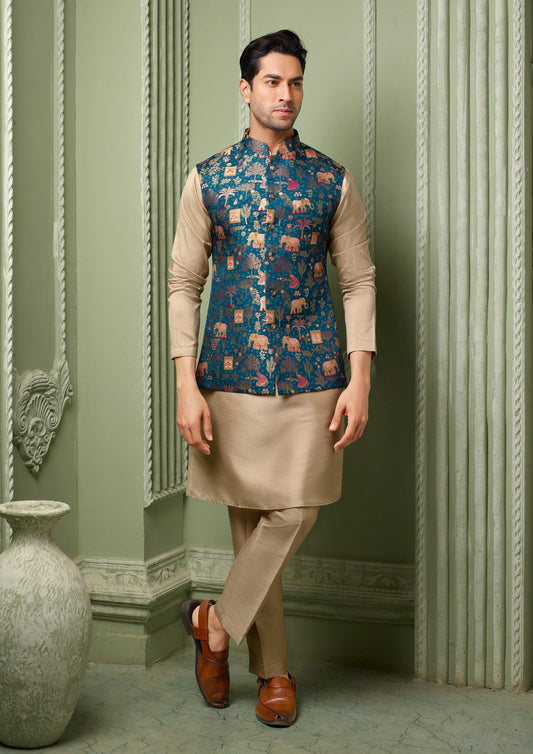 Tuqquoise blue Viscose silk koti with plain kurta set