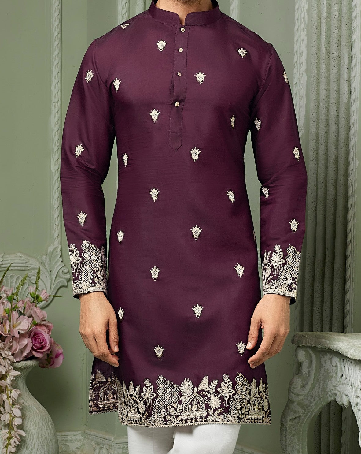 Wine silk Kurta set with  threaded Daman & embroidery work