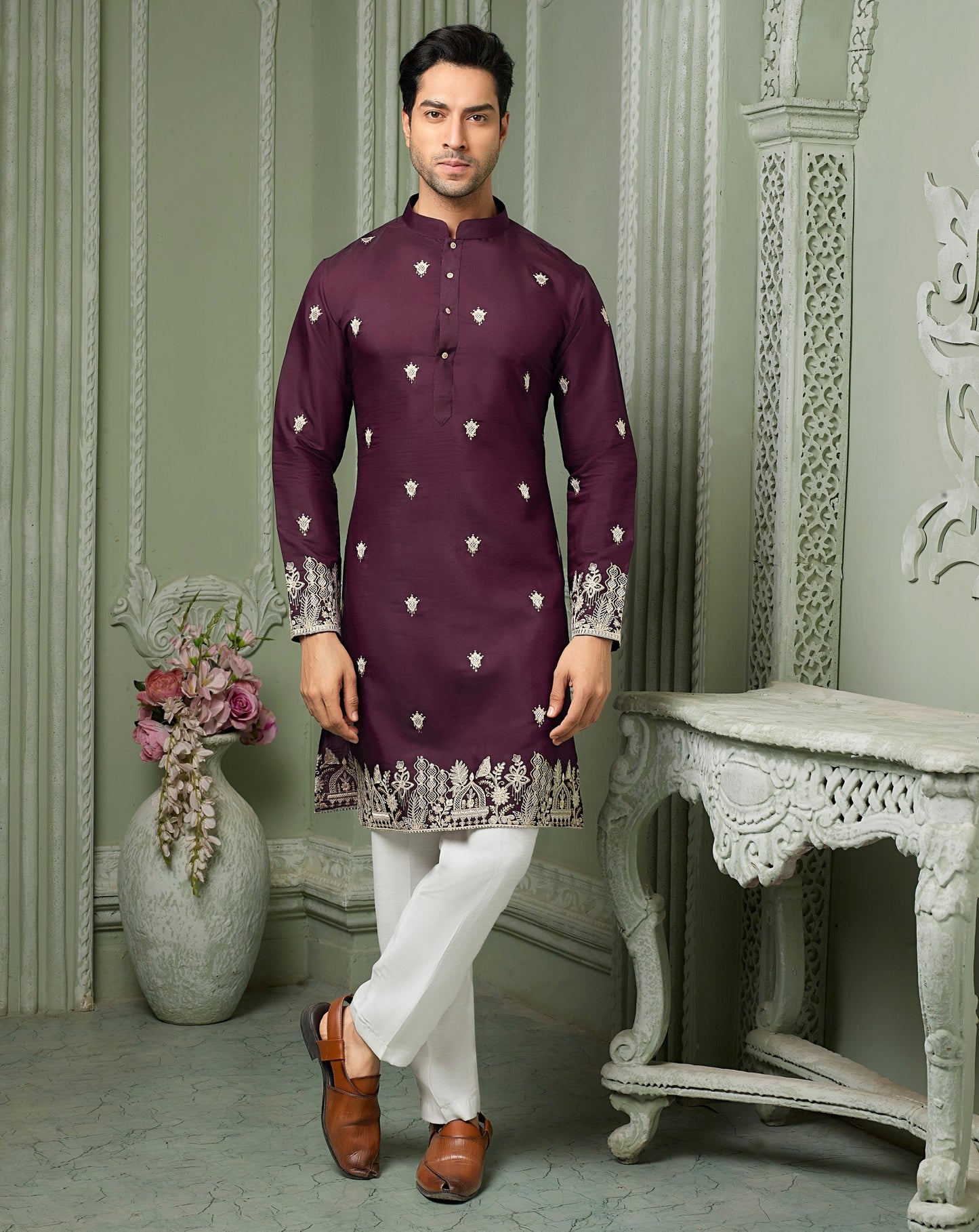 Wine silk Kurta set with  threaded Daman & embroidery work