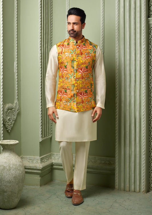 Musturd Viscose silk koti with plain kurta set