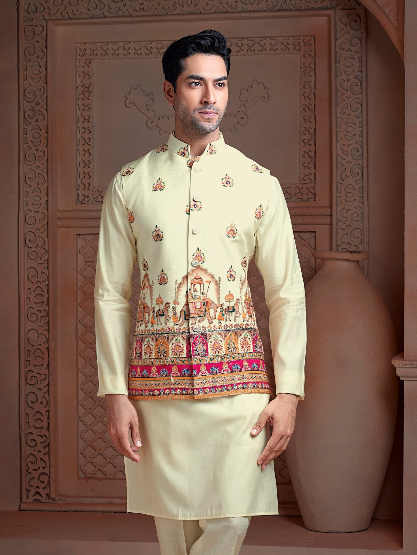Off White colour Natural soft silk Koti with golden Zari  & corded embroidery and Plain Kurta set