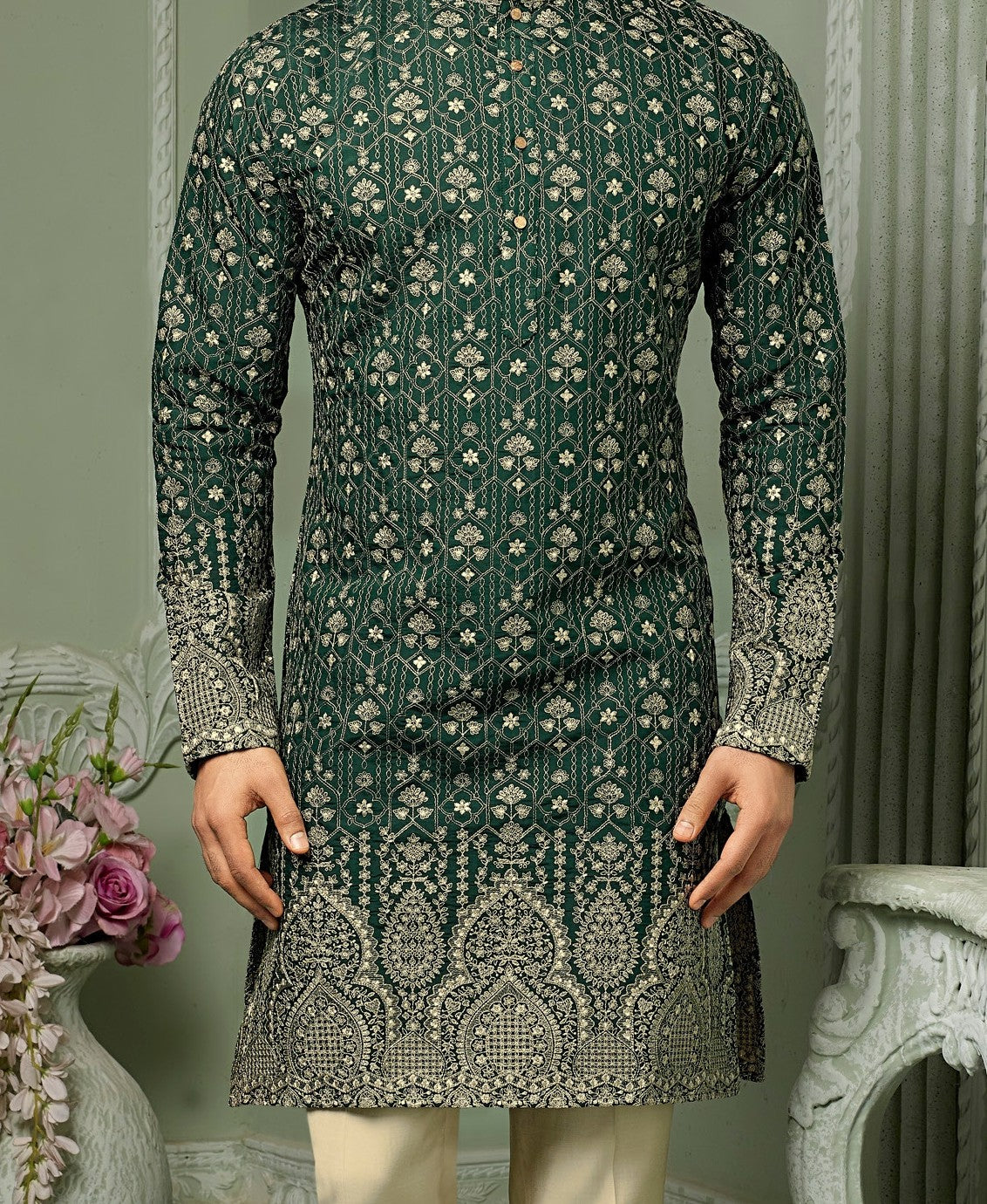 Forest Green silk Kurta set with all over threaded Daman & embroidery work