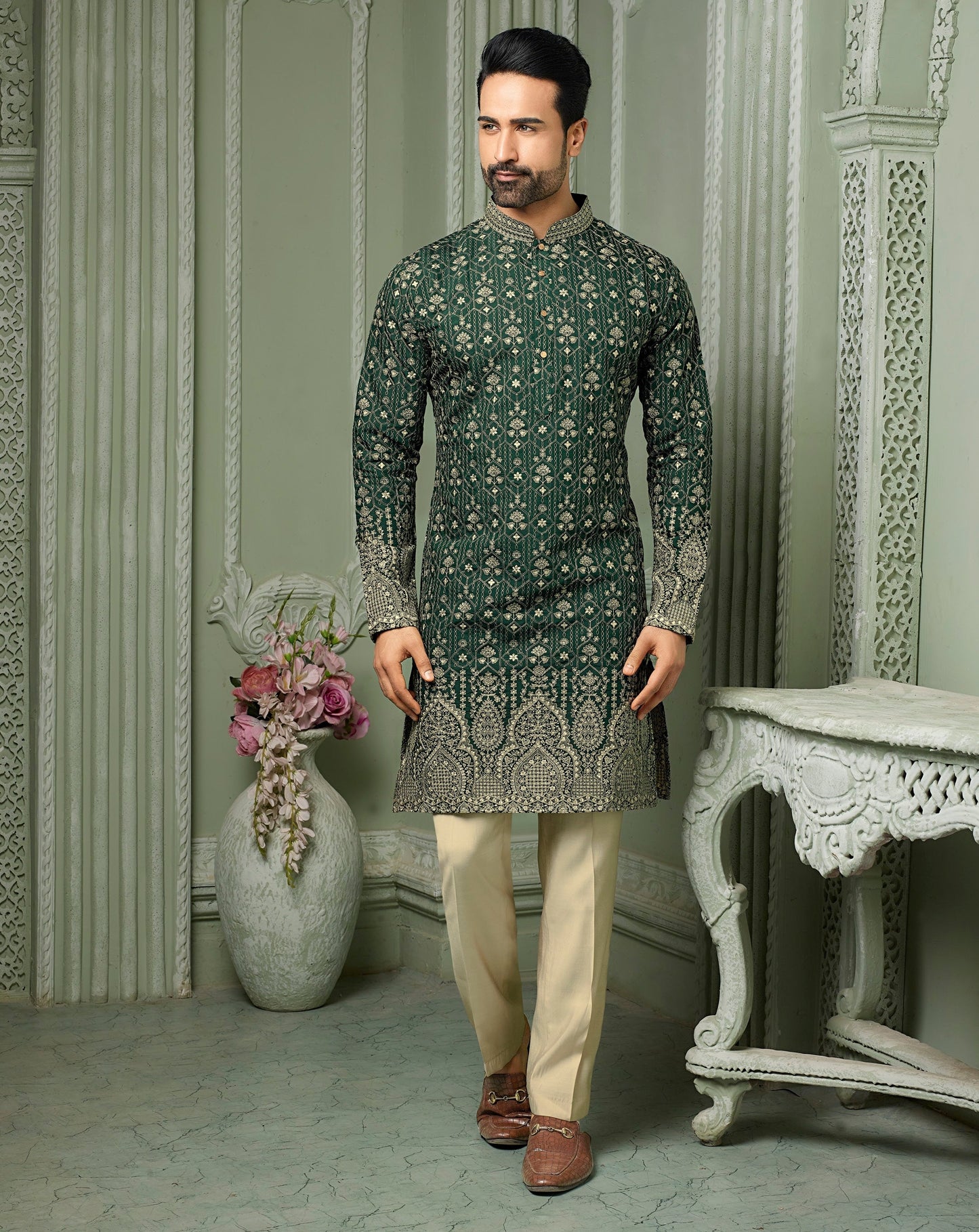 Forest Green silk Kurta set with all over threaded Daman & embroidery work