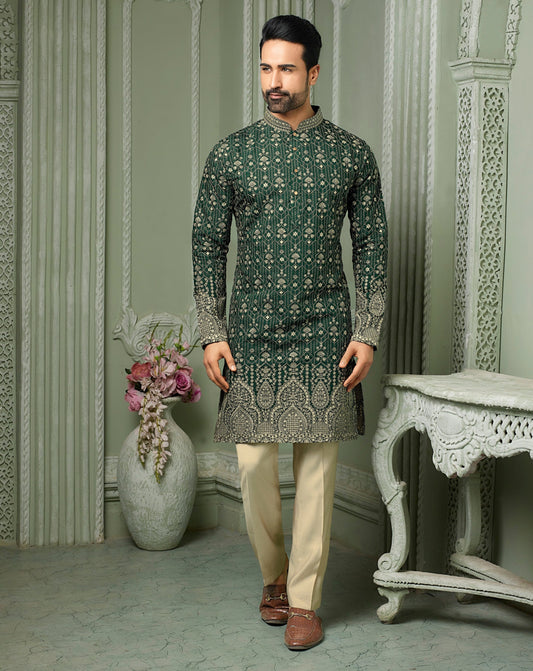 Forest Green silk Kurta set with all over threaded Daman & embroidery work