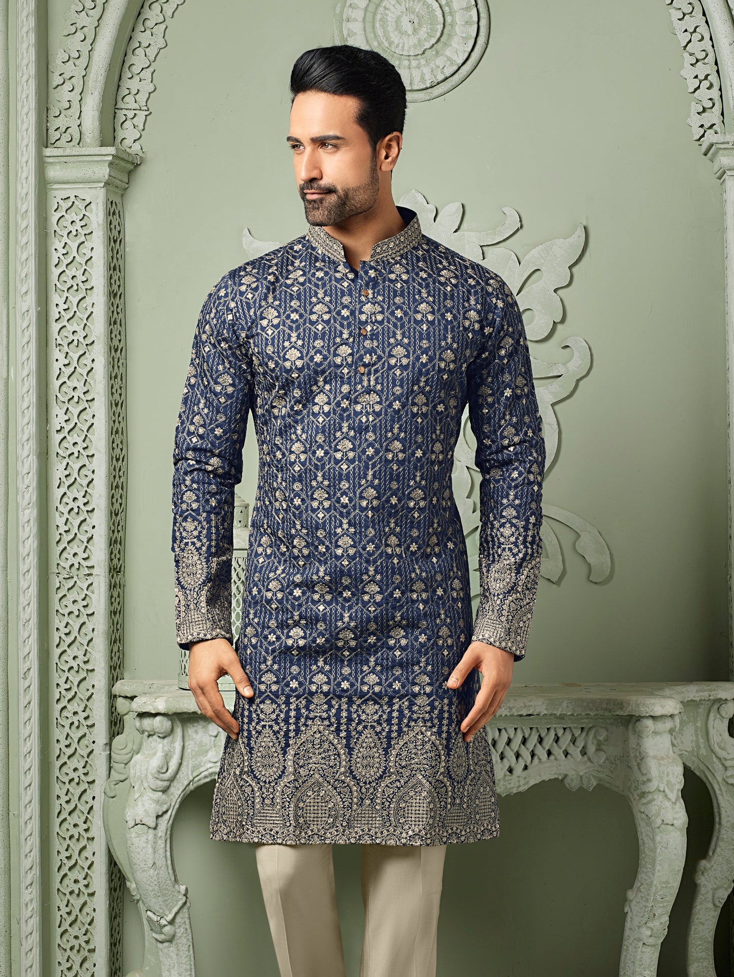 Navy Blue silk Kurta set with all over threaded Daman & embroidery work