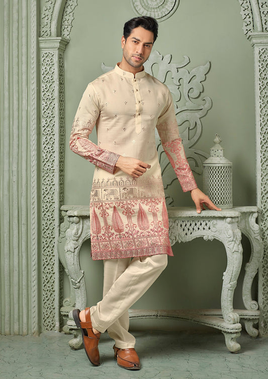 Cream silk Kurta set with ombre threaded embroidery work