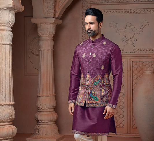 Lovender colour Natural soft silk Daman Koti with golden Zari  & corded embroidery and Plain Kurta set