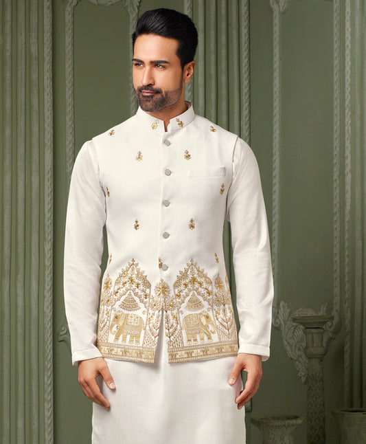white silk golden threaded embriodery work koti with self kurta set