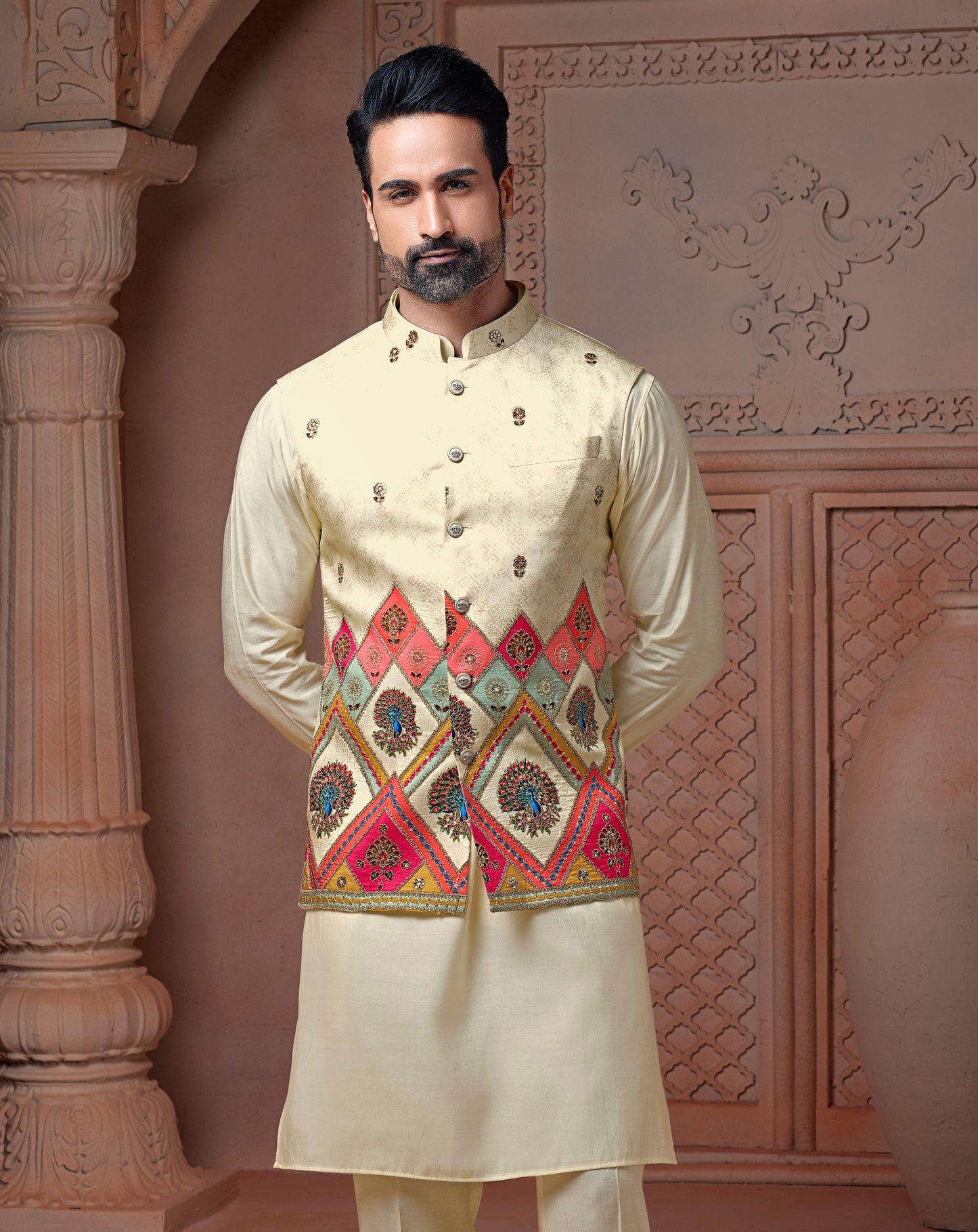 Off White colour Natural soft silk Daman Koti with texture & golden embroidery and Plain Kurta set