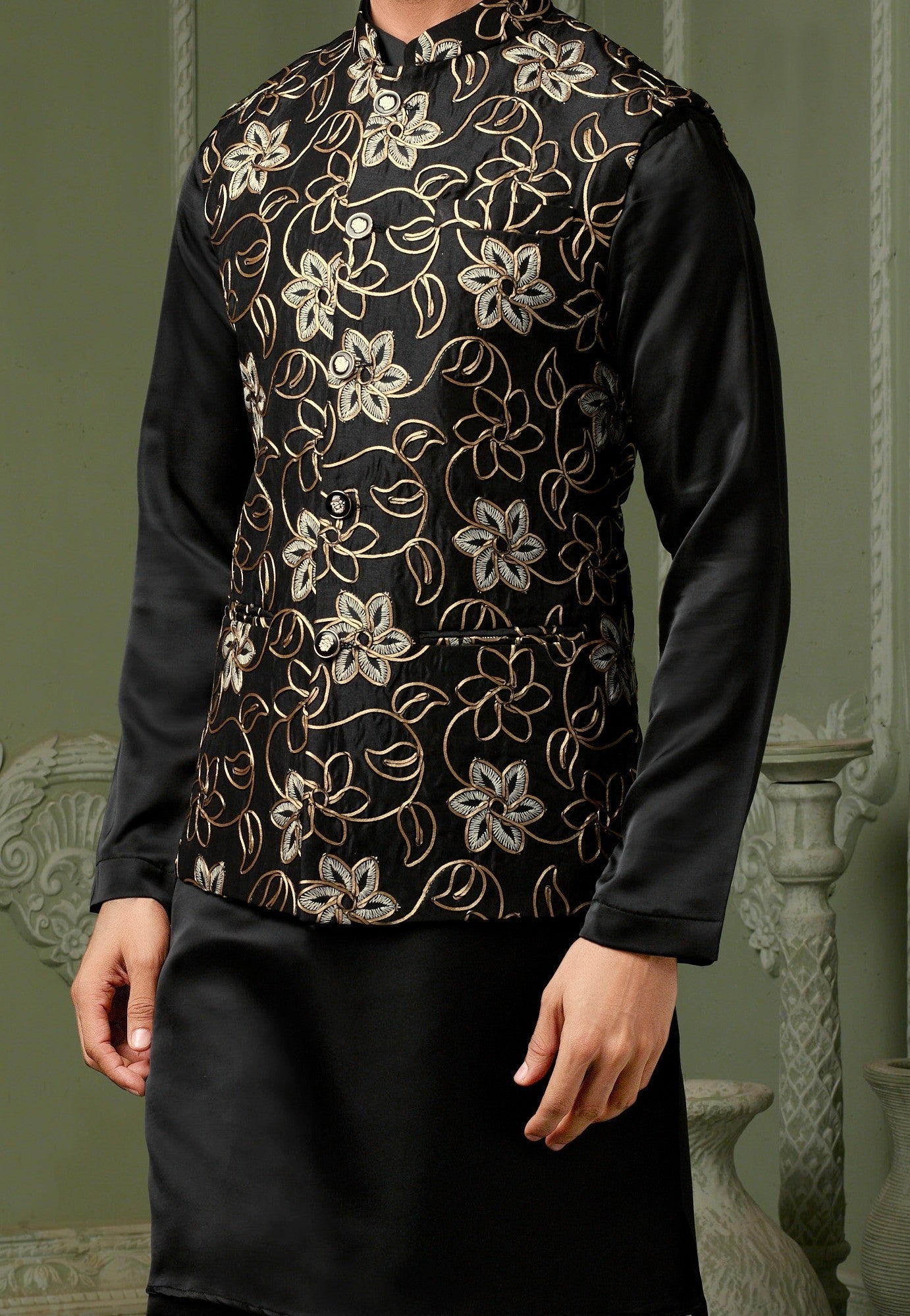 Black Silk golden threaded embriodery work koti with self kurta set