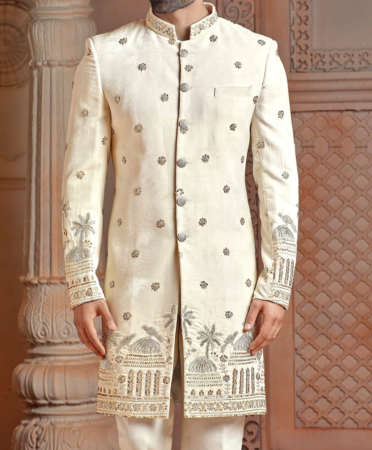 Off white micro valvet with daman work indo western