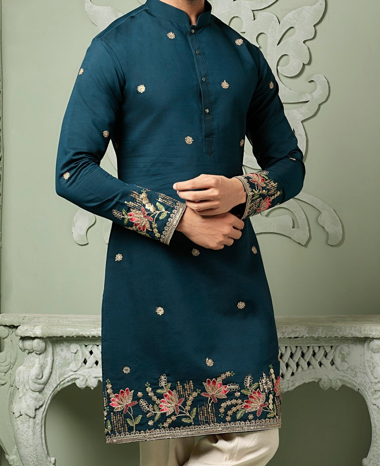 Turkish Blue silk kurta set with threaded embroidery work