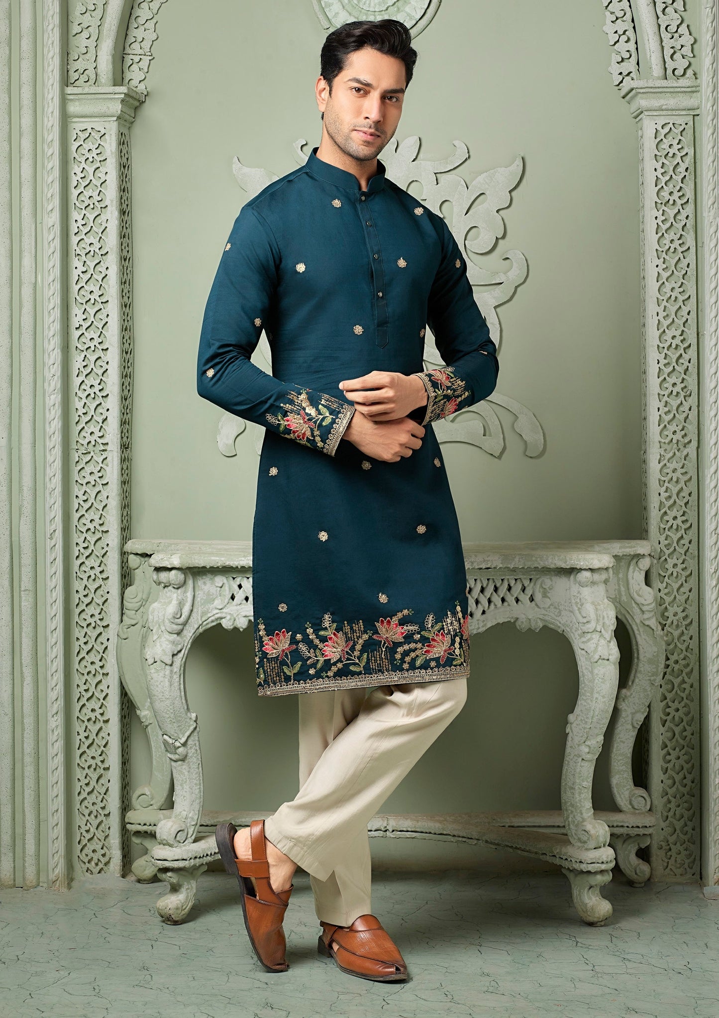 Turkish Blue silk kurta set with threaded embroidery work