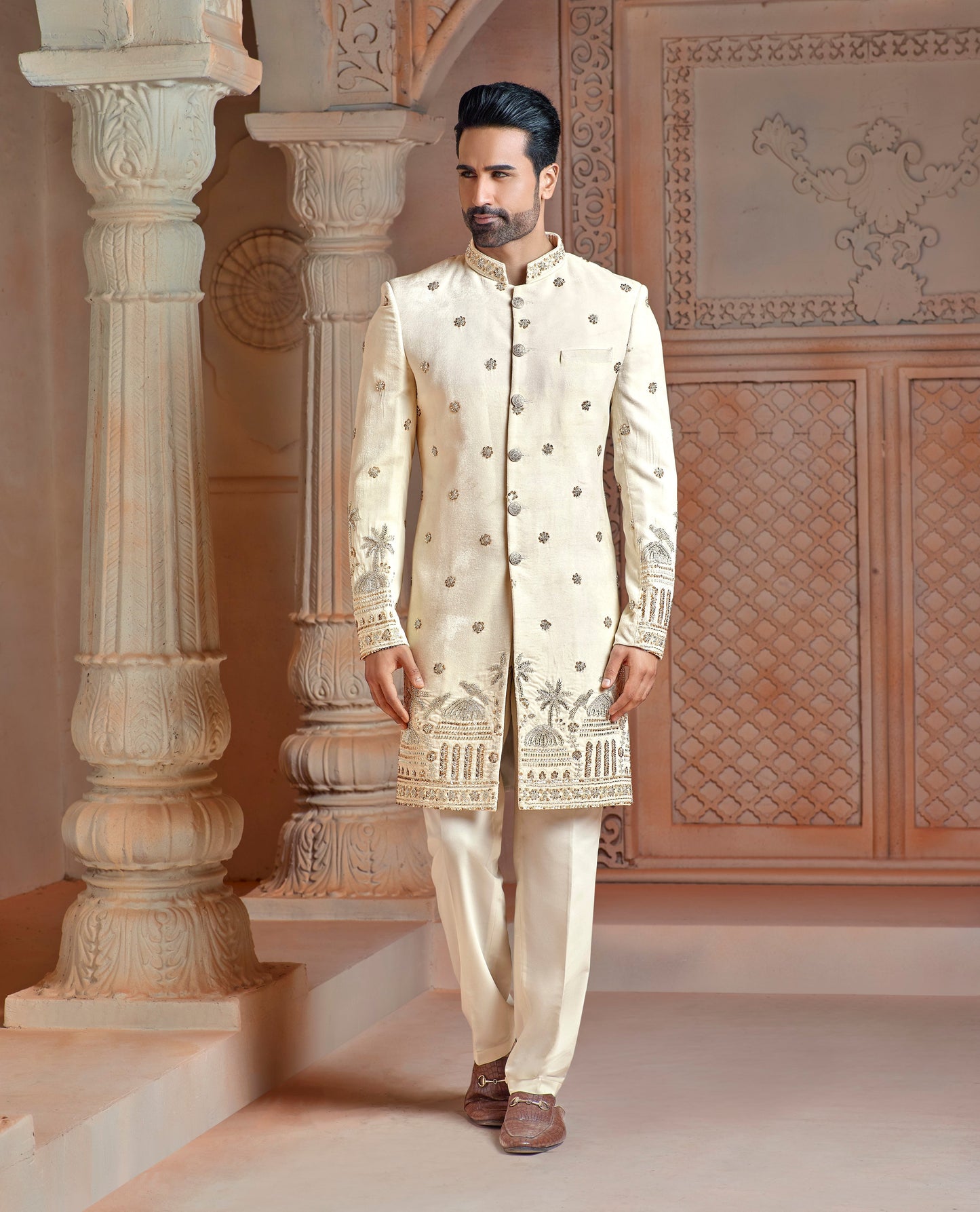 Off white micro valvet with daman work indo western