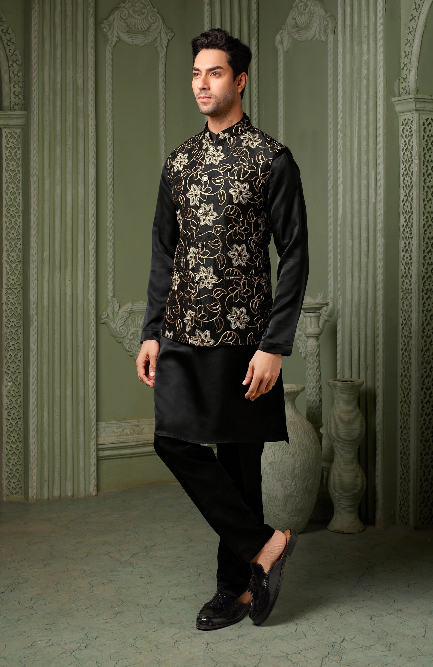 Black Silk golden threaded embriodery work koti with self kurta set