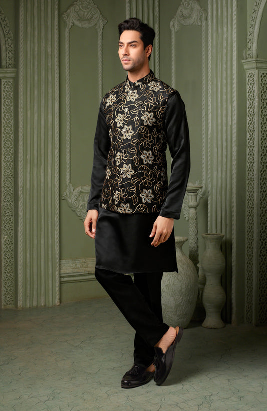 Black Silk golden threaded embriodery work koti with self kurta set