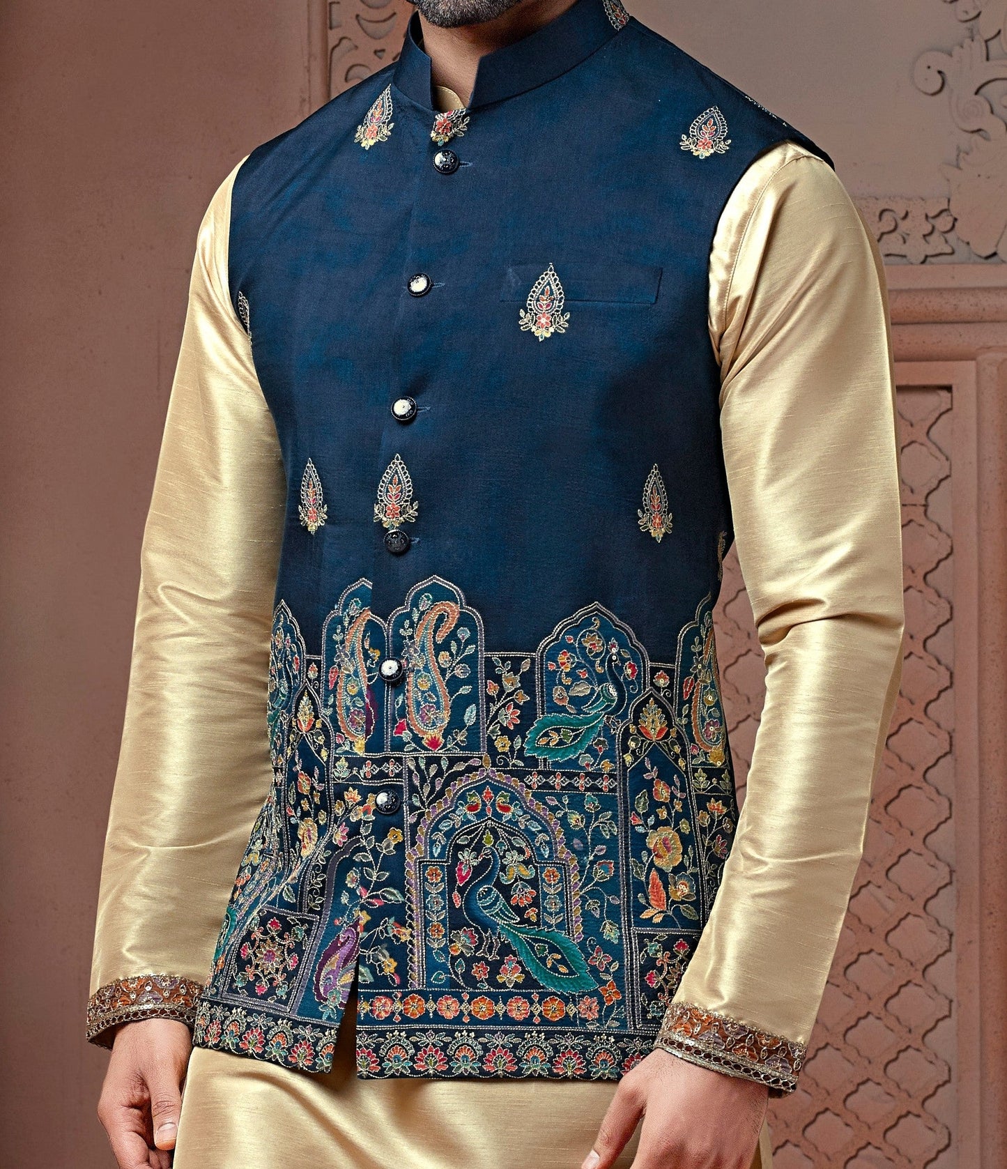 Turkish Blue colour Natural soft silk Daman Koti with golden Zari  & corded embroidery and Plain Kurta set