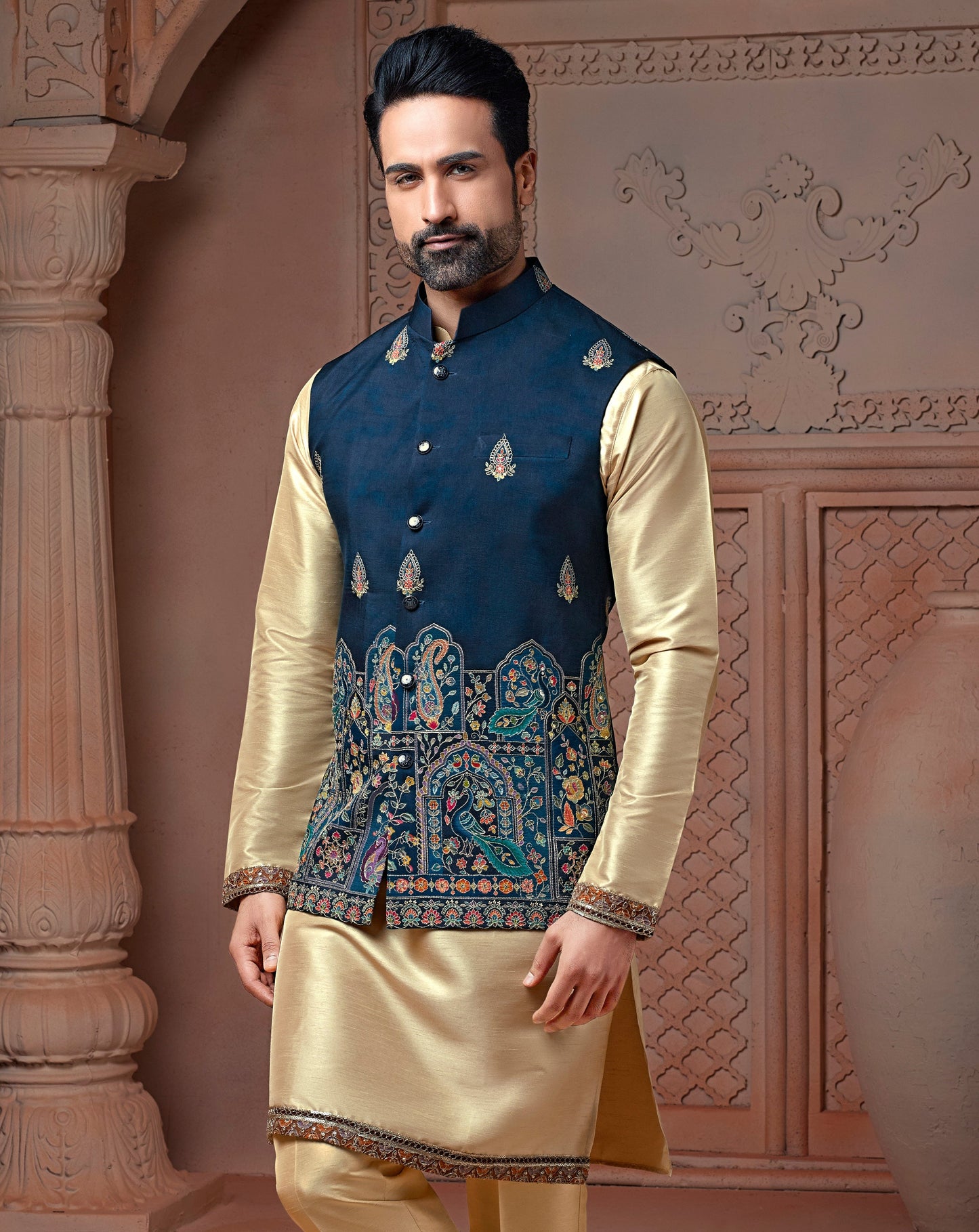 Turkish Blue colour Natural soft silk Daman Koti with golden Zari  & corded embroidery and Plain Kurta set