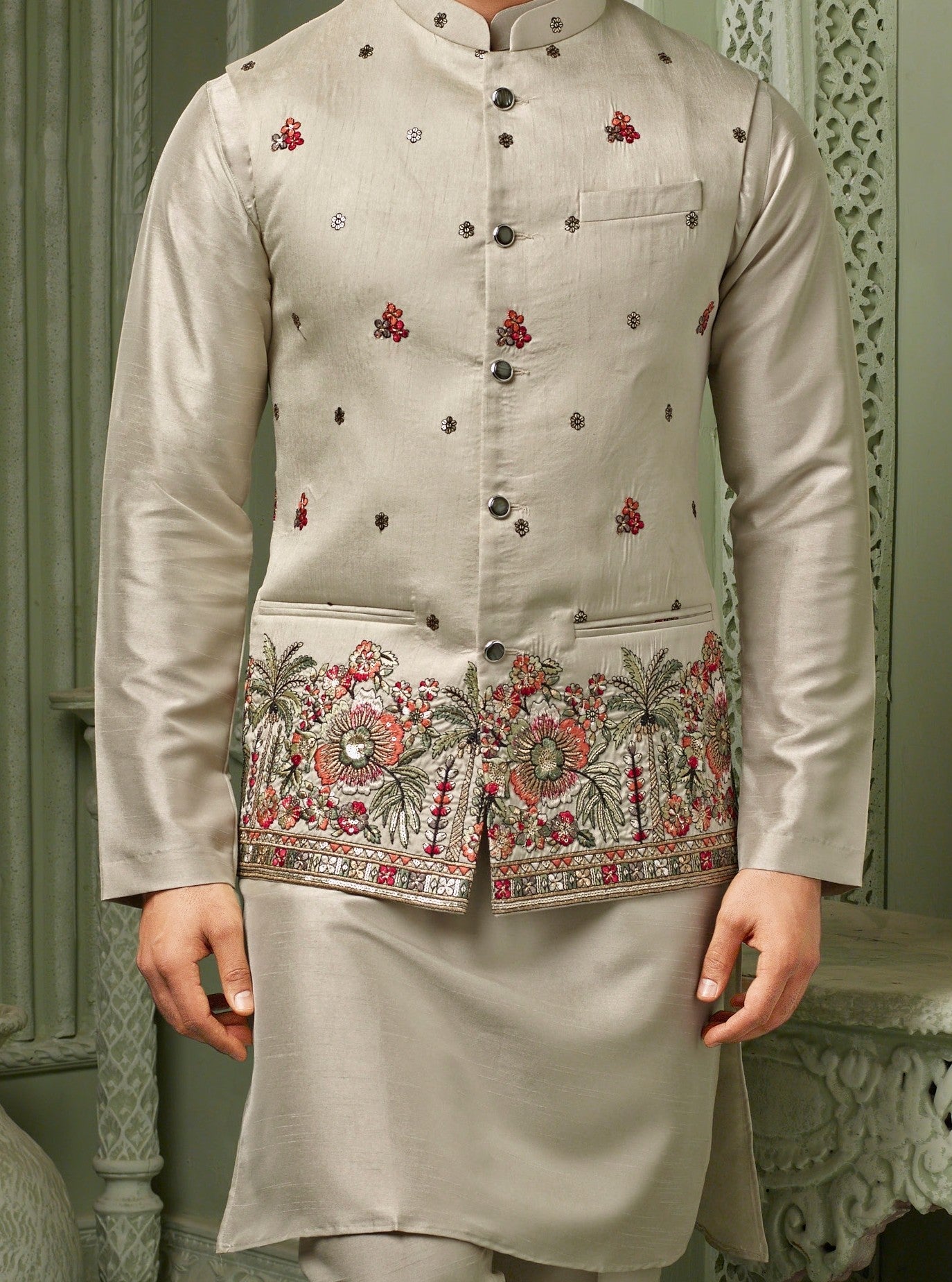 Ivory silk threaded embriodery work koti with self kurta set