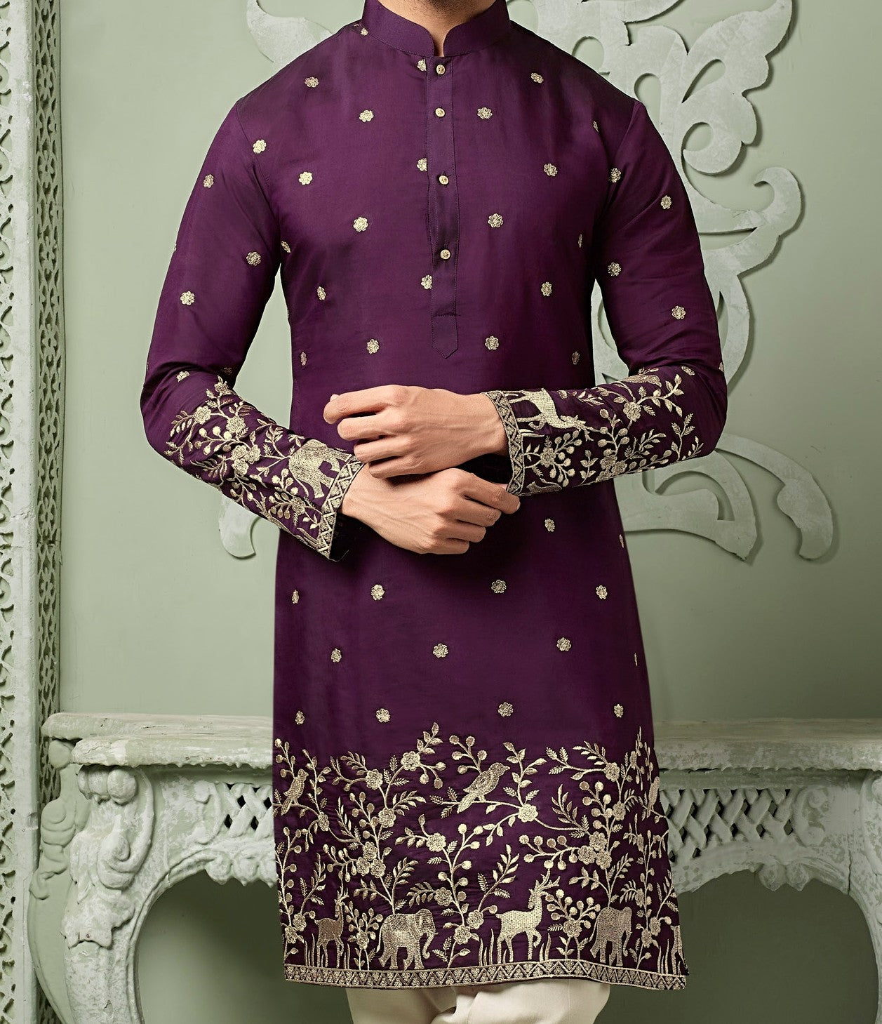 Wine silk Kurta set with vantara threaded embroidery work