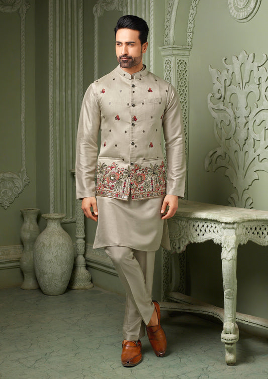 Ivory silk threaded embriodery work koti with self kurta set