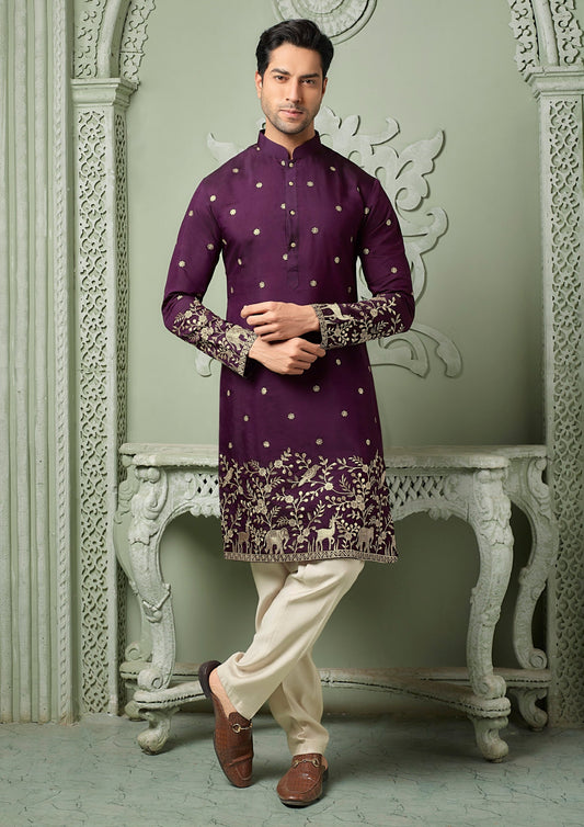 Wine silk Kurta set with vantara threaded embroidery work