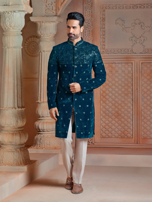 Rama Green micro valvet with daman work indo western