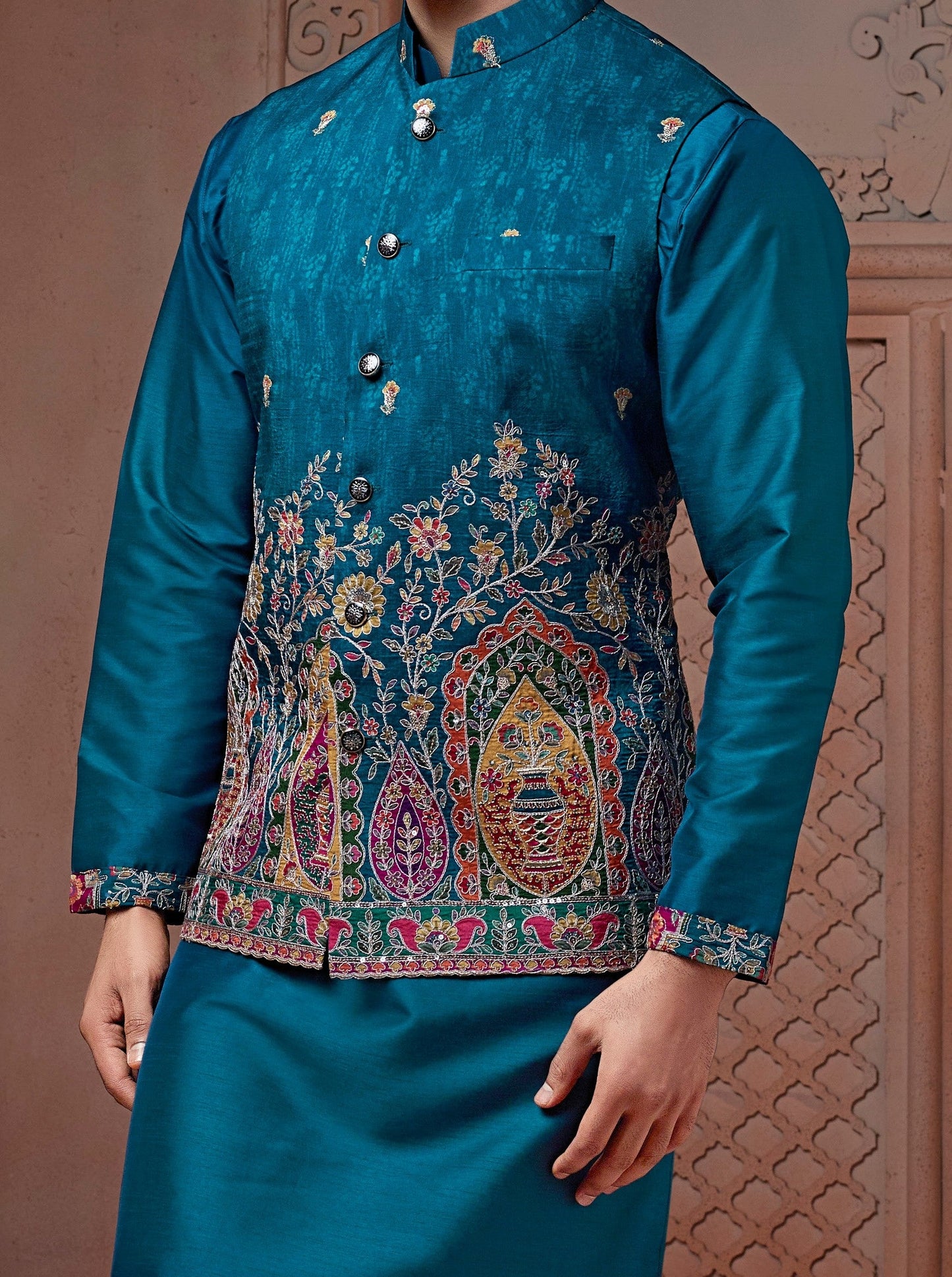 Ocean Blue colour Natural soft silk Daman Koti with golden Zari  & corded embroidery and Plain Kurta set