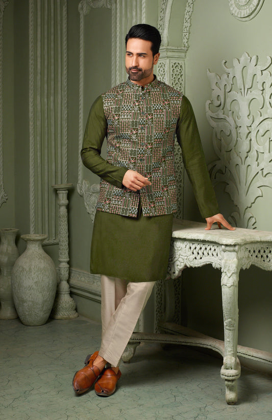 Green silk with multi colour thread work koti with plain kurta and cream pant
