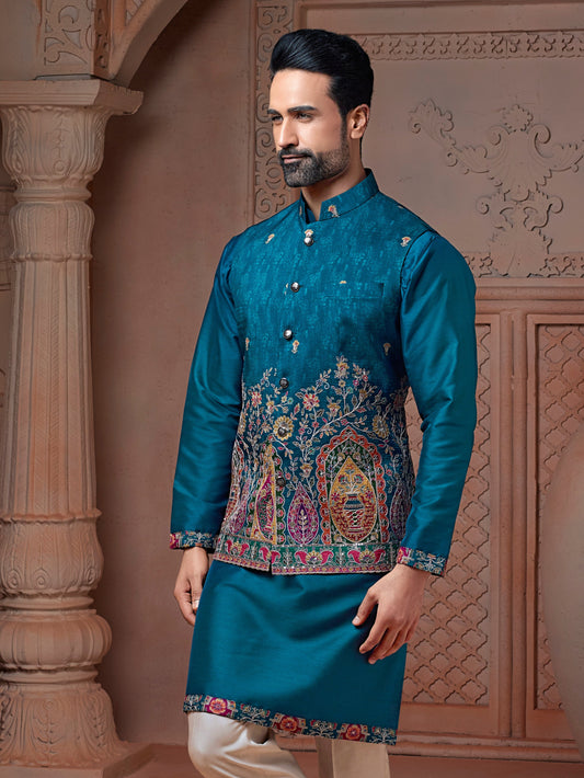 Ocean Blue colour Natural soft silk Daman Koti with golden Zari  & corded embroidery and Plain Kurta set