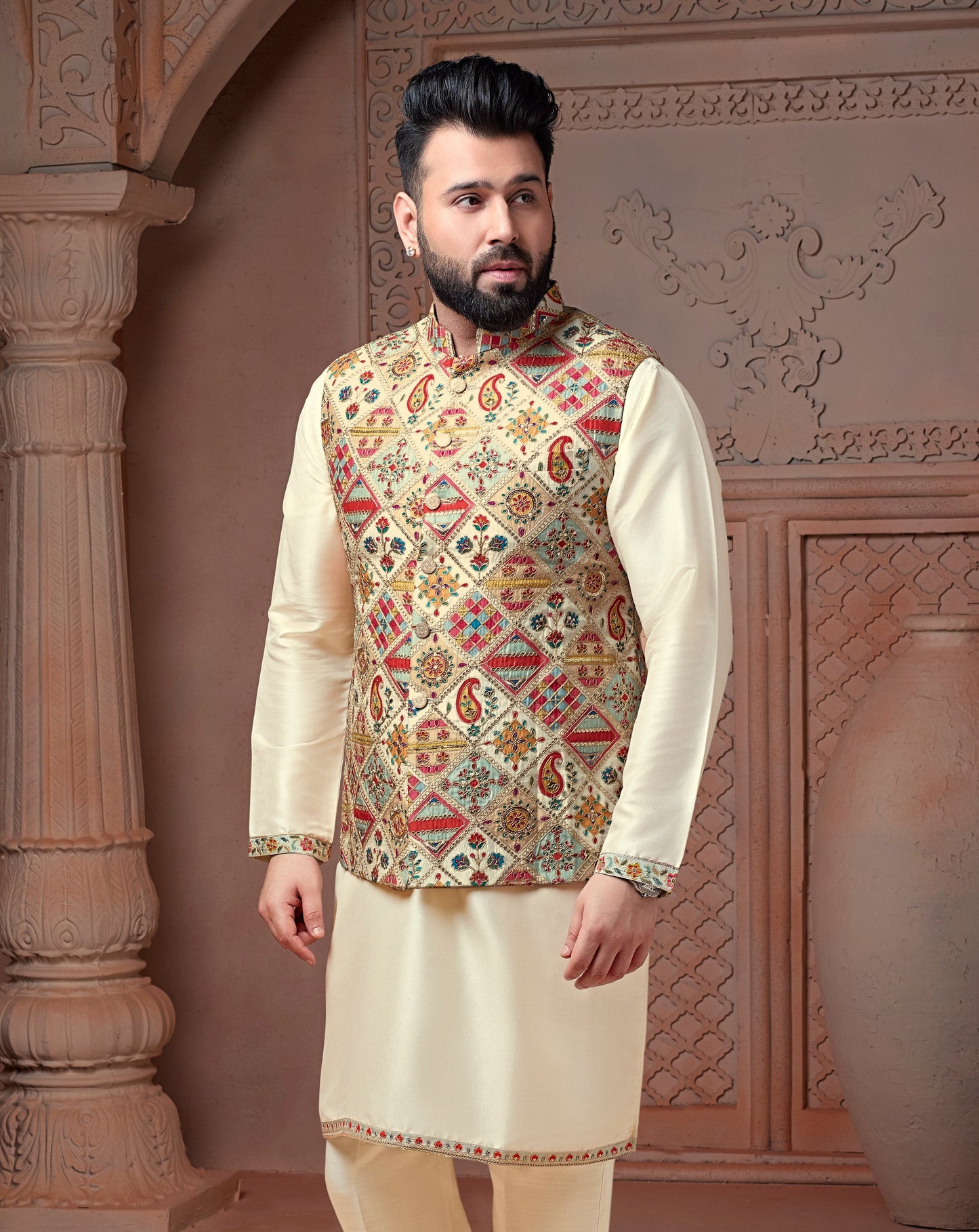 Multi colour Natural soft silk Ggeometric Koti with golden Zari  & corded embroidery and Plain Kurta set
