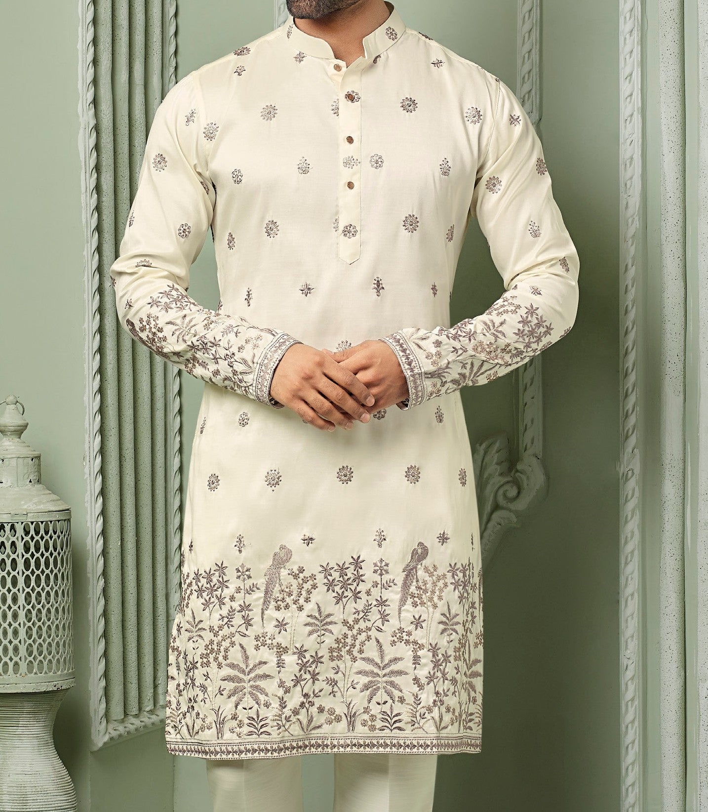 Off white silk kurta set with threaded Daman & embroidery work