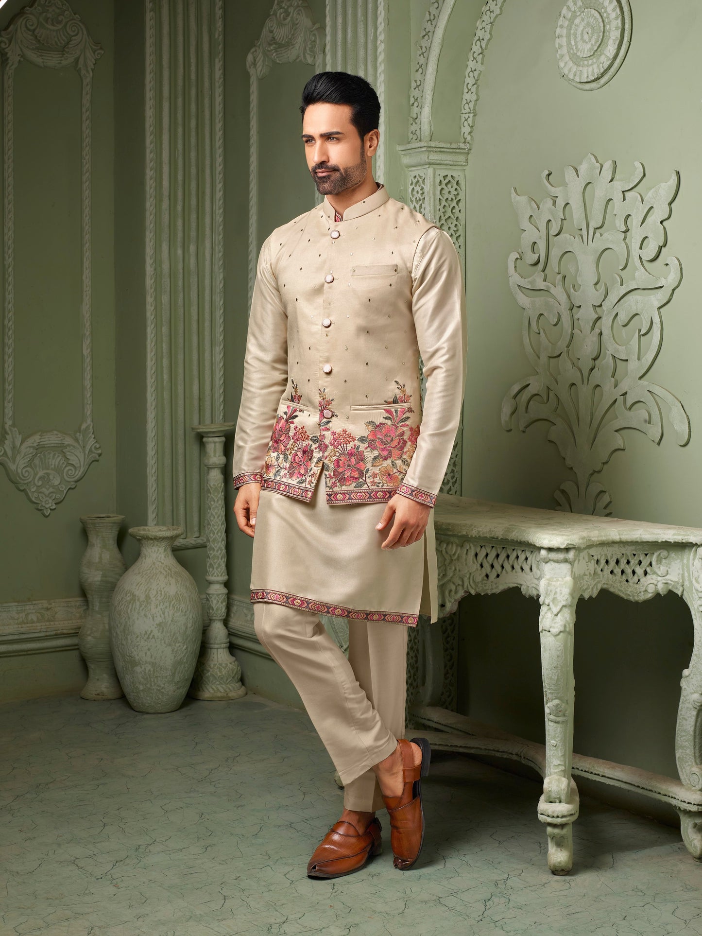 Cream silk threaded embriodery work koti with self kurta set
