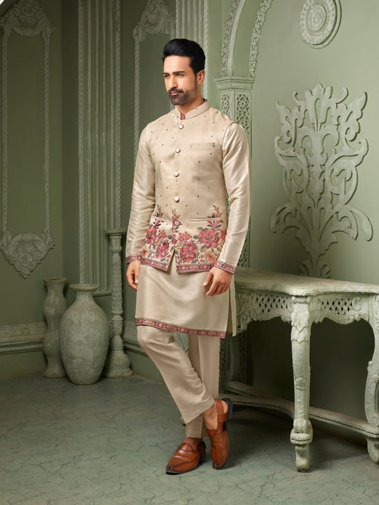 Cream silk threaded embriodery work koti with self kurta set