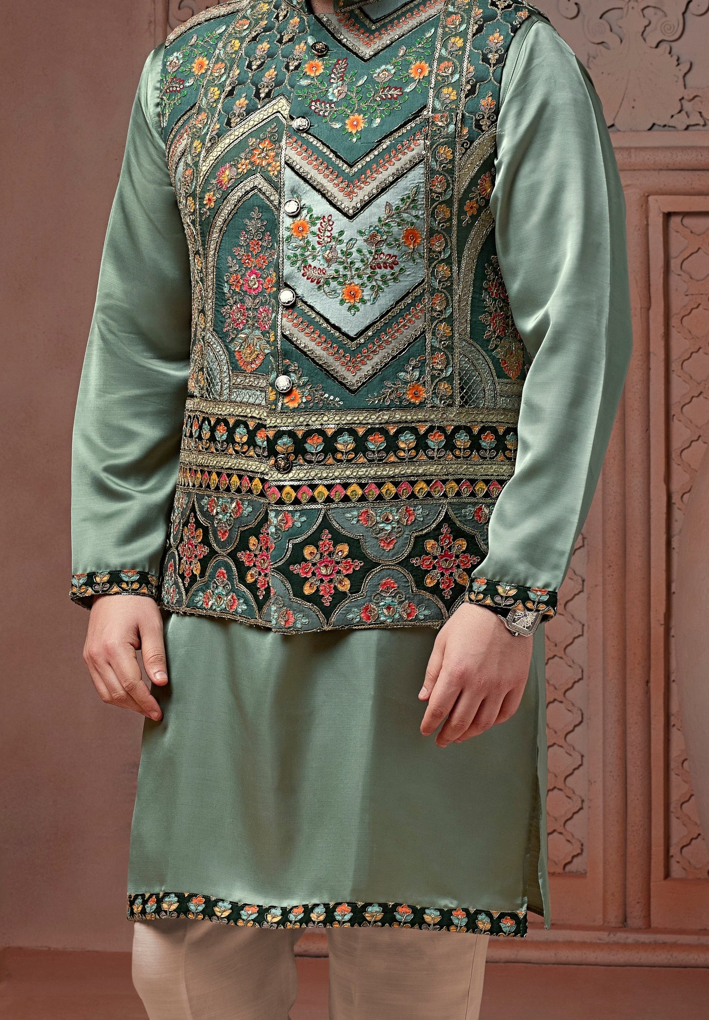 Pista Green colour Natural soft silk Koti with golden Zari  & corded embroidery and Plain Kurta set
