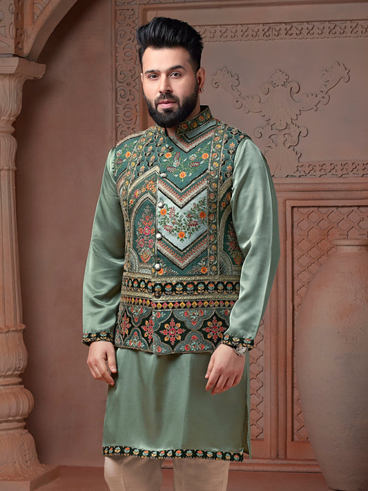 Pista Green colour Natural soft silk Koti with golden Zari  & corded embroidery and Plain Kurta set